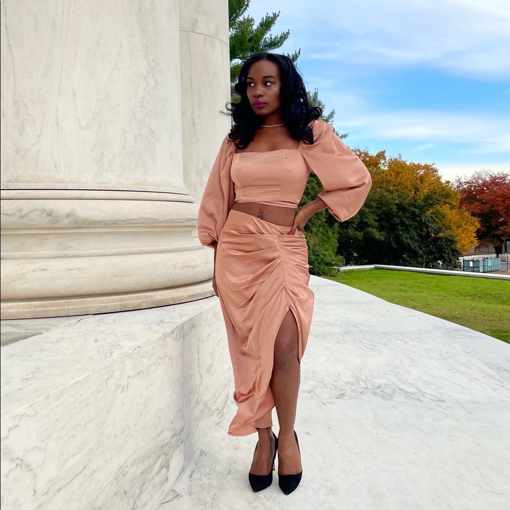 Bronze Crop Top Midi Skirt Set
